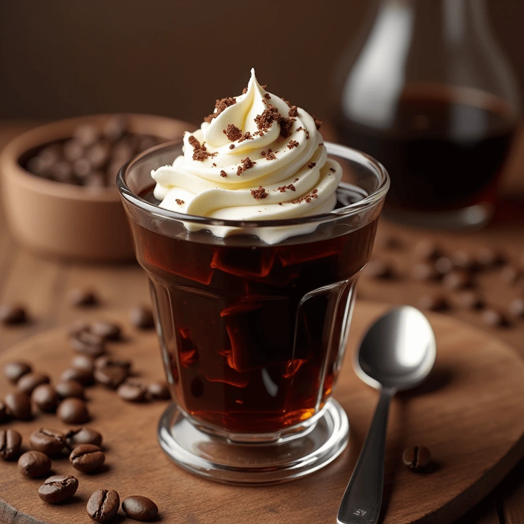 Coffee jelly dessert with whipped cream and chocolate shavings in a glass cup