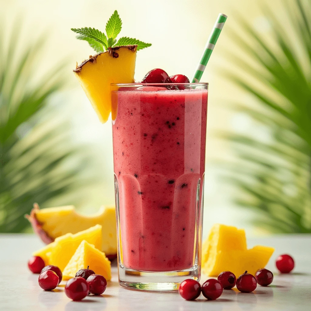 Cranberry Truffle Tropical Smoothie in a tall glass garnished with cranberries and pineapple slices.