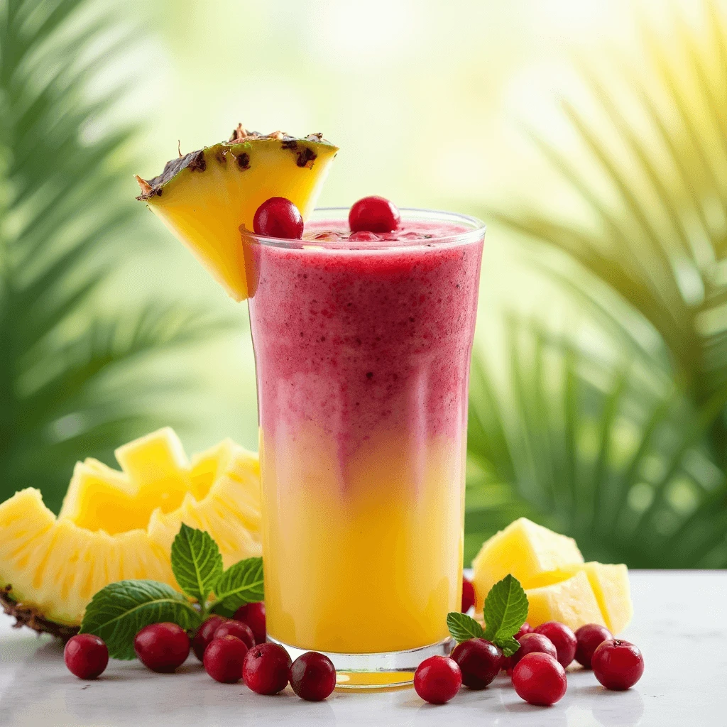 A refreshing tropical smoothie made with cranberries, mango, and pineapple served with a mint sprig.