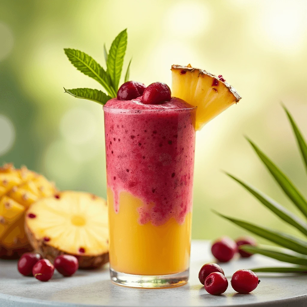 Vibrant Cranberry Truffle Tropical Smoothie with a creamy texture and tropical garnishes.