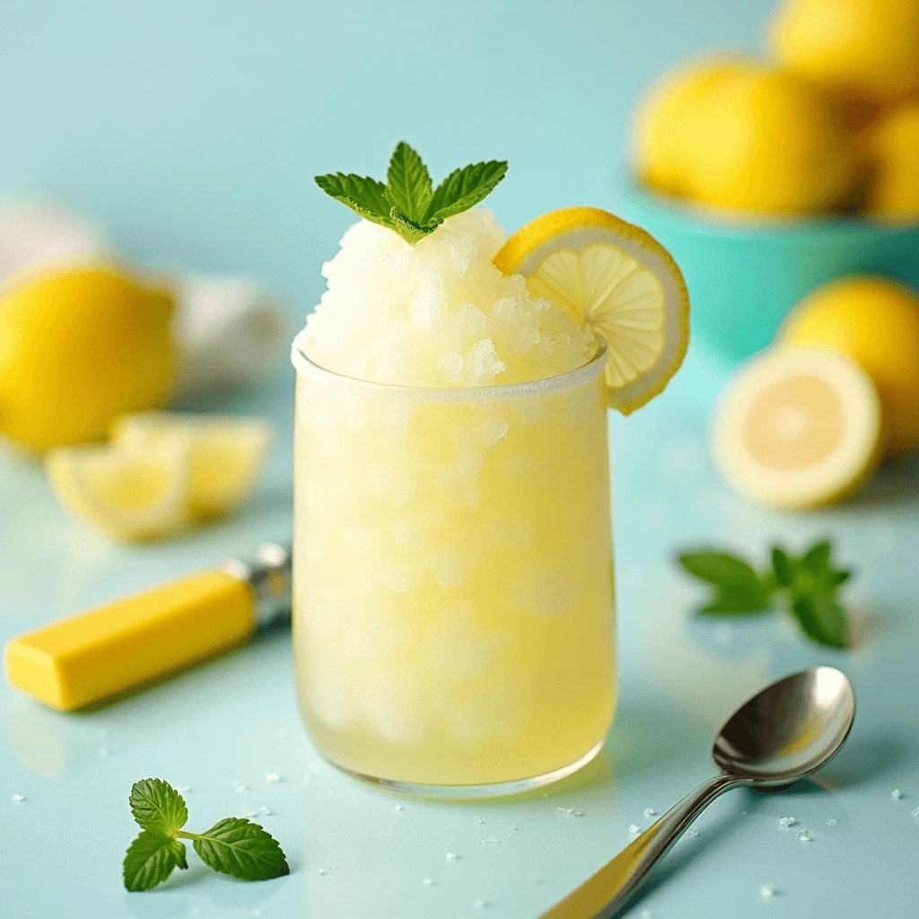 Homemade lemon granita served in a glass bowl, topped with a sprig of fresh mint and garnished with lemon slices.