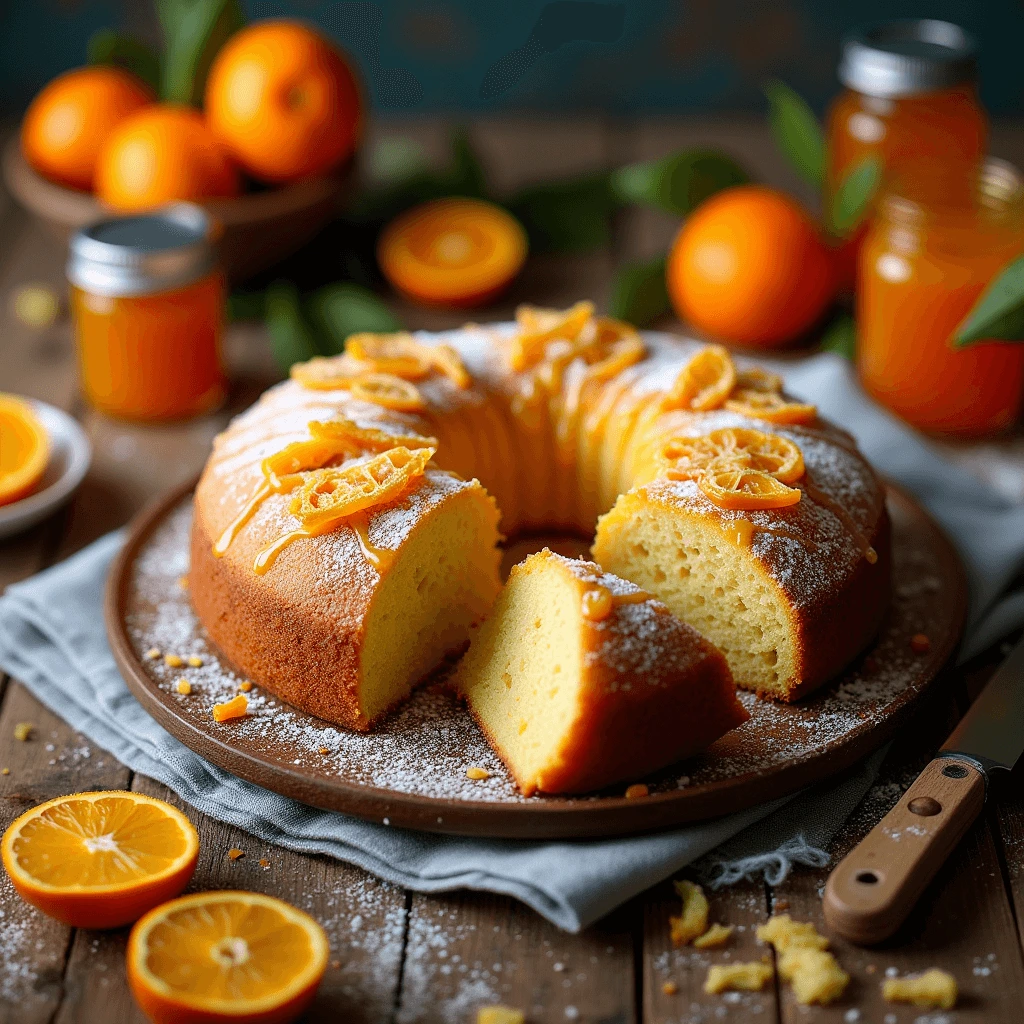 Golden brown Marmalade Breadcrumb Cake topped with candied orange peels and powdered sugar.