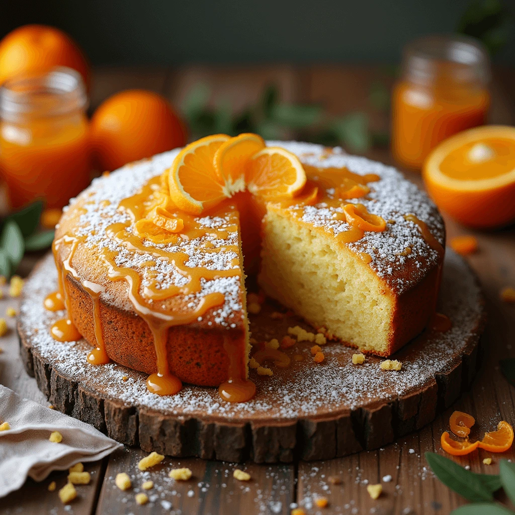 Marmalade Breadcrumb Cake with a glossy orange glaze and a slice cut to show its moist texture.