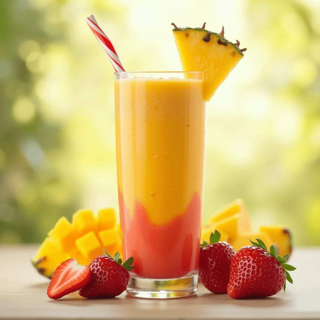 Mango, Strawberry, and Pineapple Smoothie: A vibrant blend of fresh mango, strawberries, and pineapple in a glass, topped with a slice of fruit.