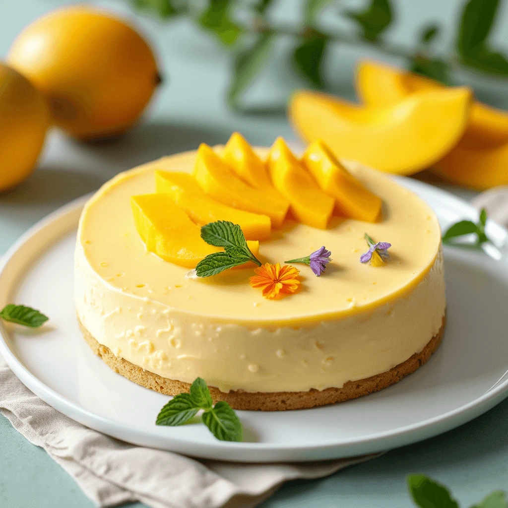 Delicious and smooth Mango Mousse Cake topped with a fresh mango glaze, made without gelatin for a creamy, vegan-friendly dessert.