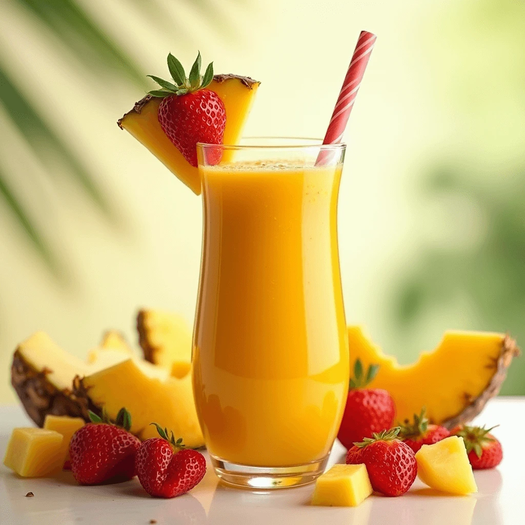 Mango, strawberry, and pineapple smoothie served in a glass with fresh fruit garnish, topped with mint leaves.