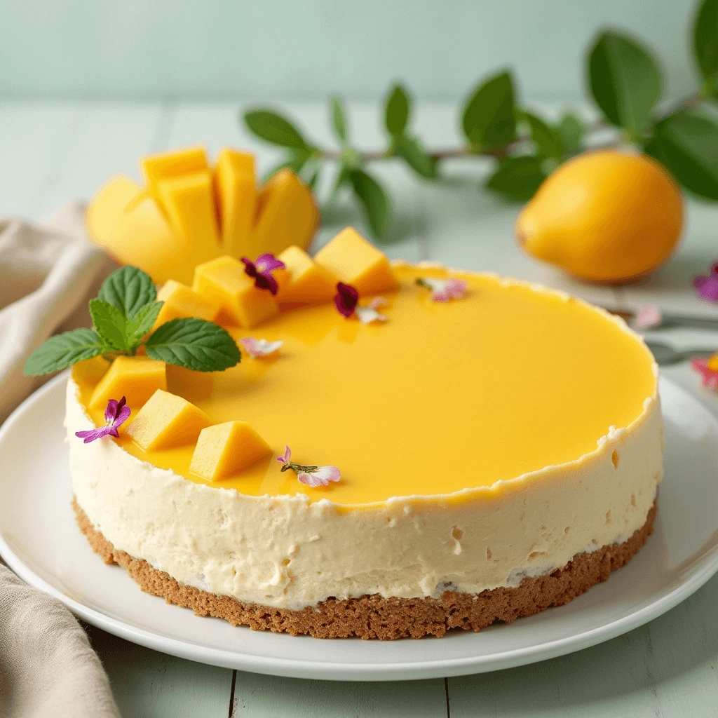 Gelatin-free mango mousse cake with biscuit base, topped with fresh mango slices, mint leaves, and edible flowers.