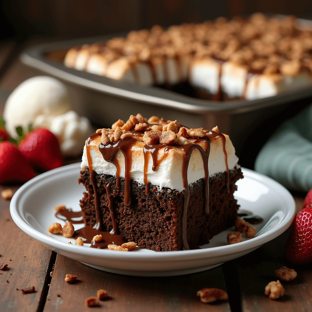 Mississippi Mud Cake topped with melted marshmallows, chocolate ganache, and chopped walnuts, served with a side of ice cream.