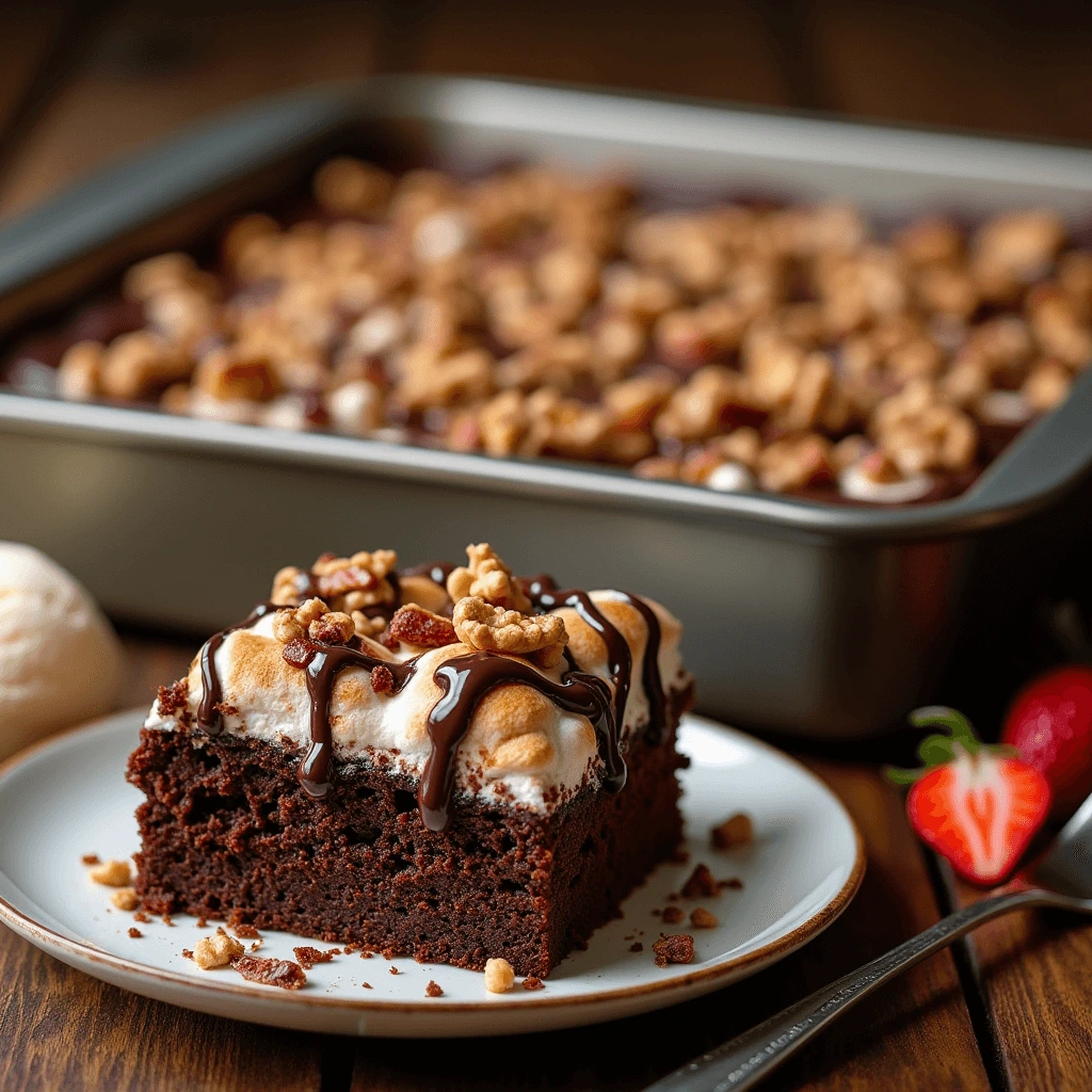 Delicious Mississippi Mud Cake with gooey marshmallows, rich chocolate frosting, and crunchy walnut topping.