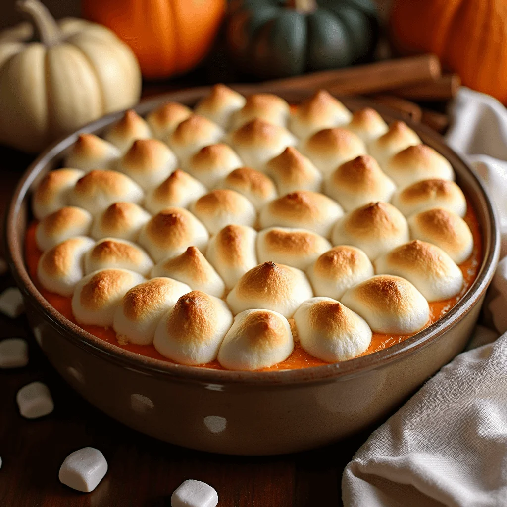 Delicious homemade sweet potato soufflé topped with small golden-brown marshmallows, served in a rustic baking dish.