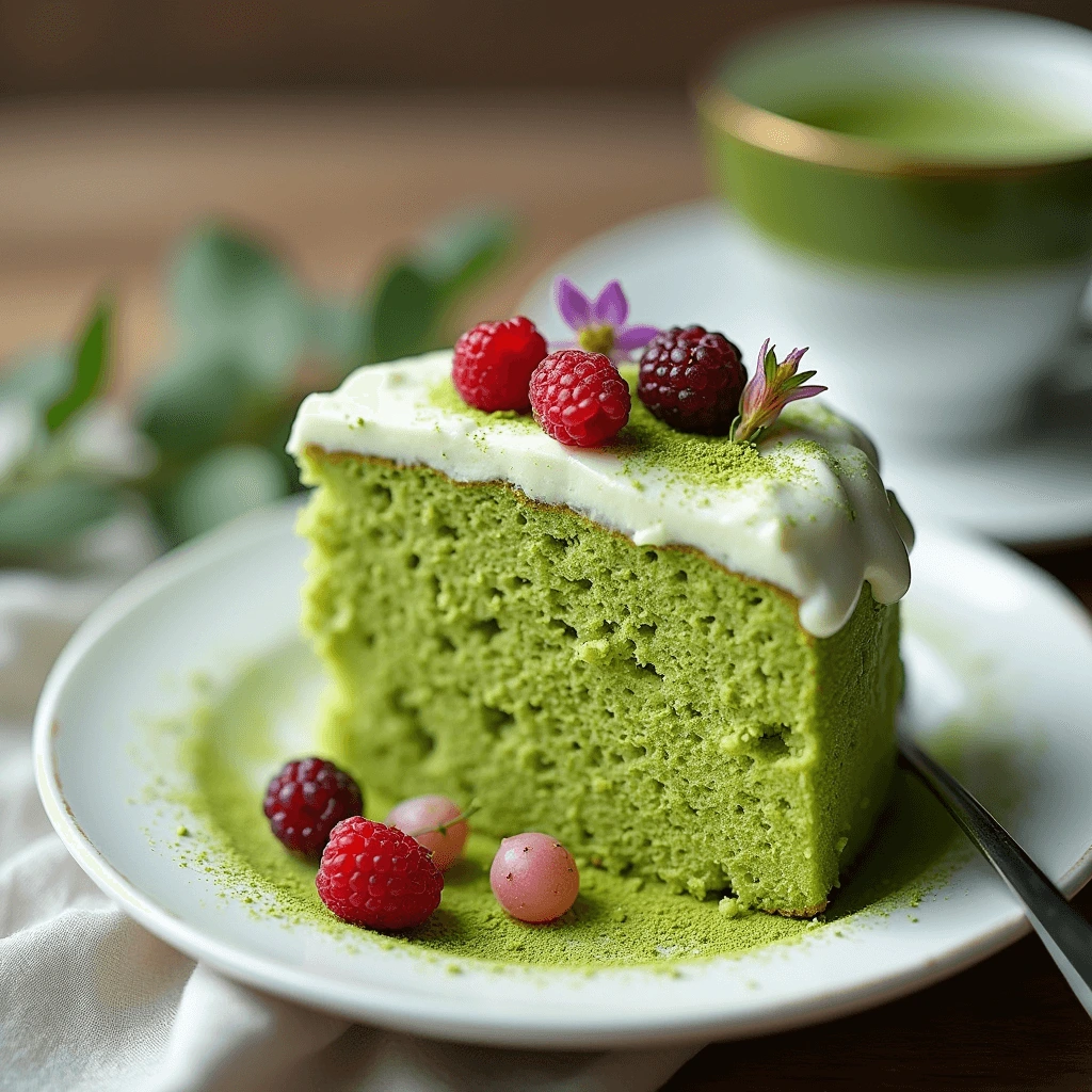 Matcha cake served with a side of green tea and decorated with fresh berries, perfect for a green tea-inspired dessert.