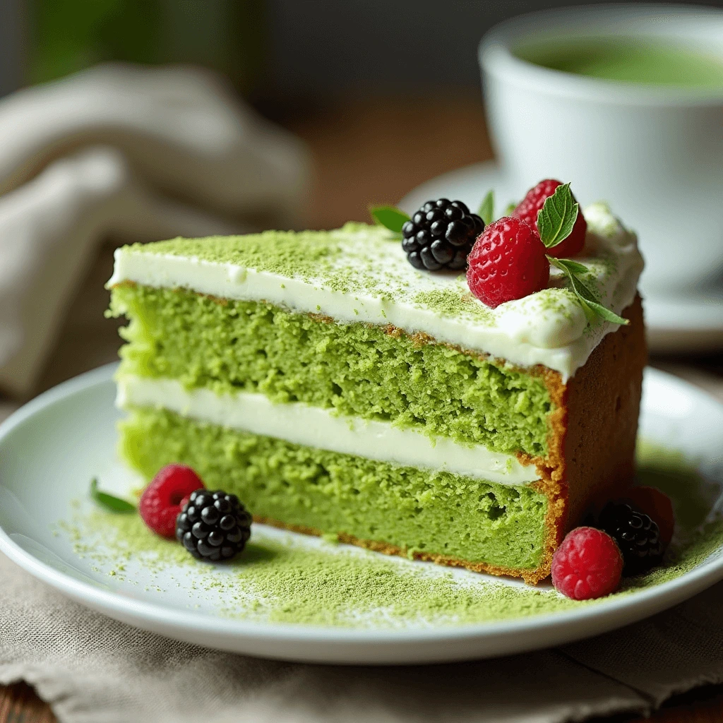 Close-up of a freshly baked matcha cake topped with whipped cream frosting and vibrant green matcha powder.