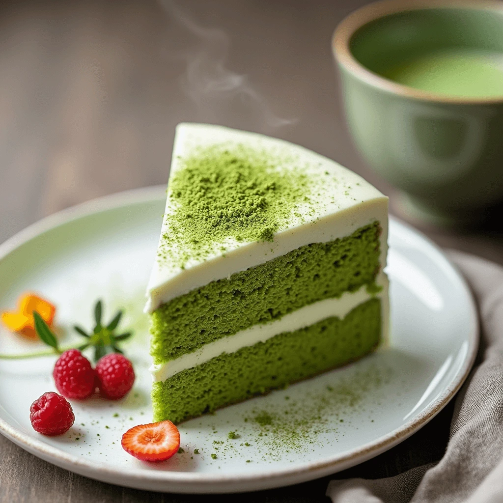 A slice of fluffy matcha cake with creamy frosting and a dusting of matcha powder on top, garnished with fresh berries.