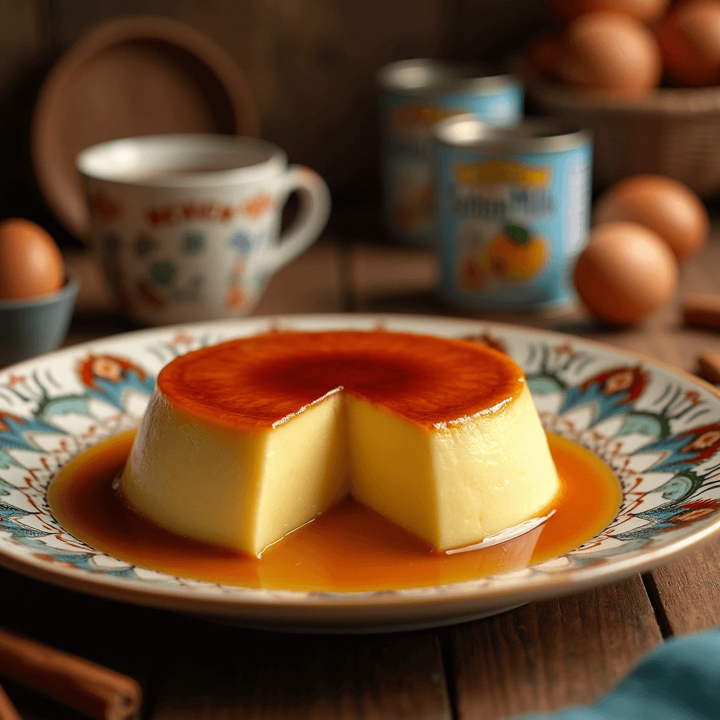 Authentic Mexican flan with caramel glaze served on a rustic plate in a Mexican kitchen setting