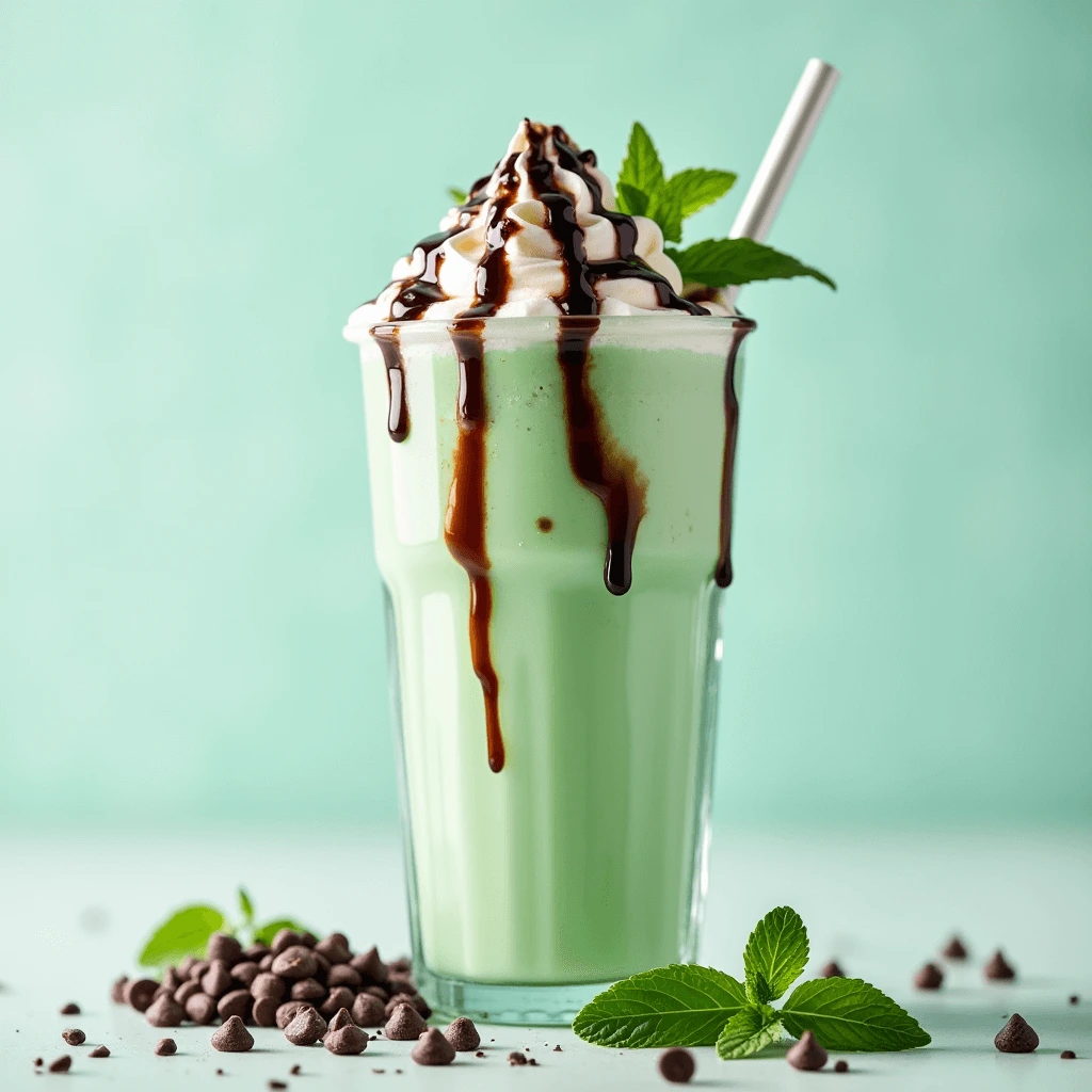 Close-up of a mint chocolate chip milkshake with chocolate chips sprinkled on top and a straw.