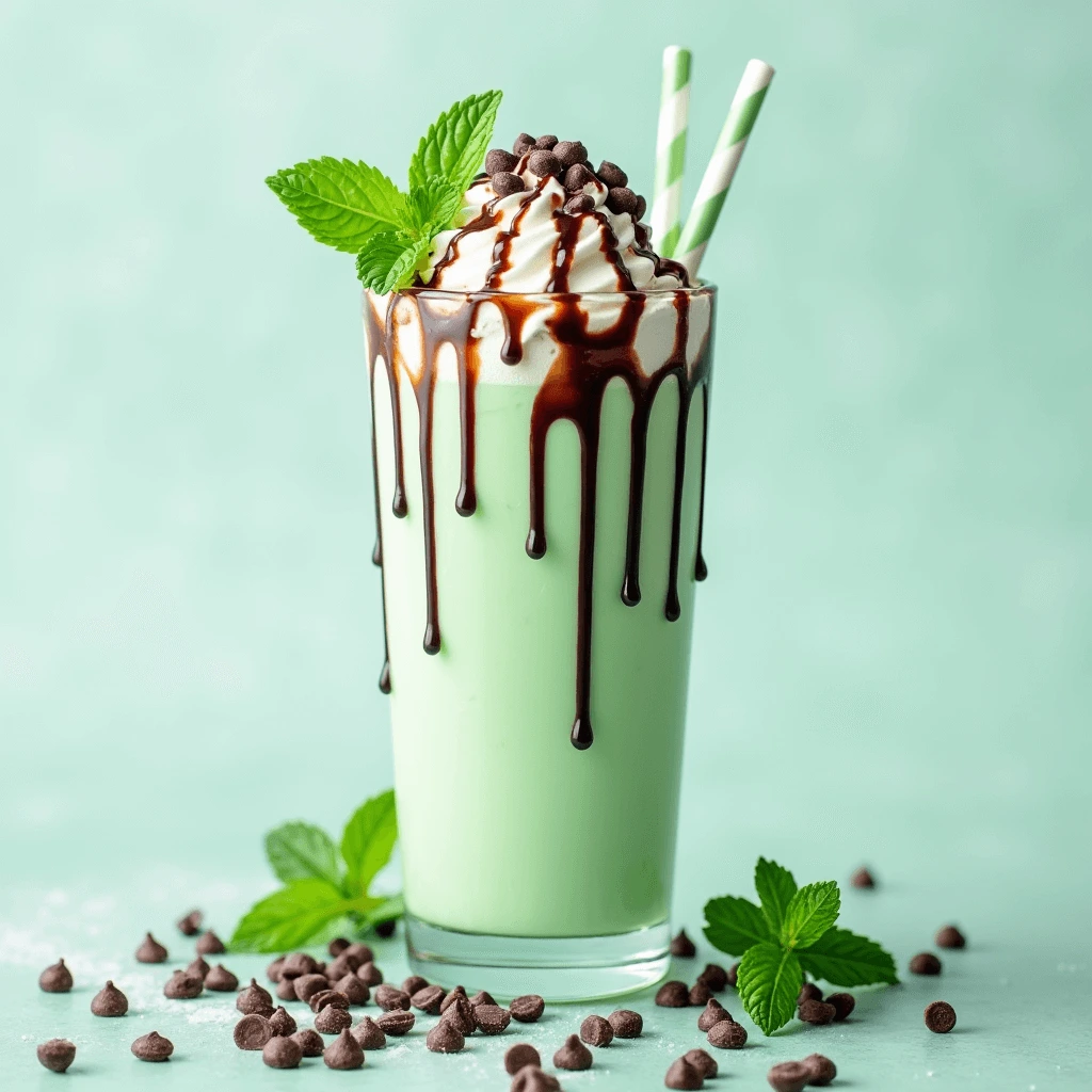 A creamy mint chocolate chip shake topped with whipped cream, chocolate syrup, and fresh mint leaves in a glass.