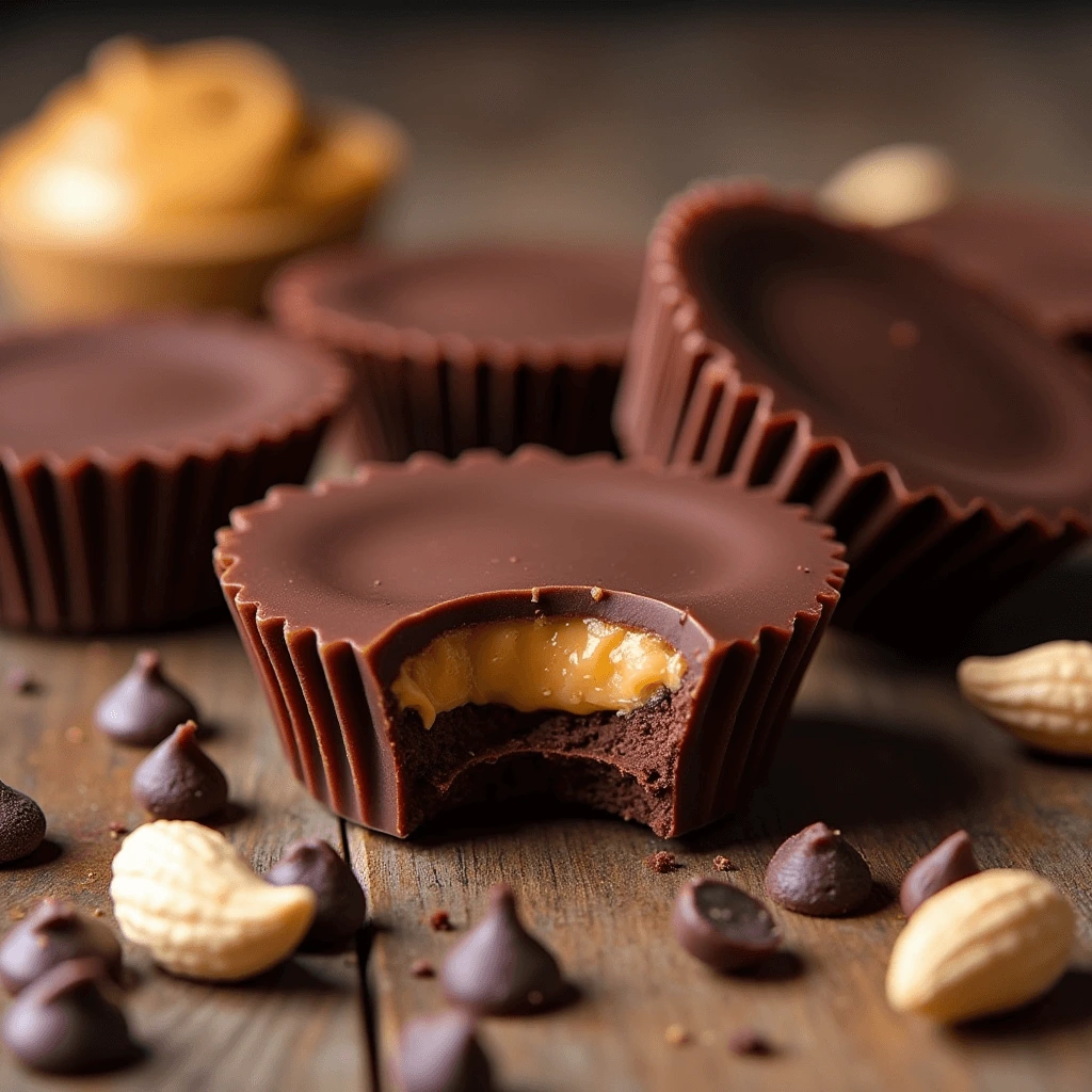 Homemade chocolate peanut butter cups with creamy peanut butter filling, arranged on a wooden table with scattered chocolate chips and whole peanuts.