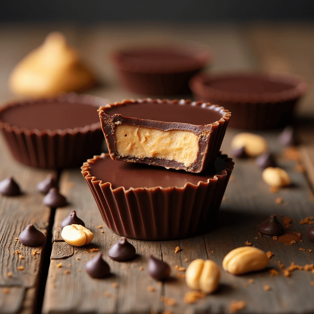 Close-up of homemade chocolate peanut butter cups with smooth peanut butter filling, surrounded by chocolate pieces and whole peanuts on a wooden surface.