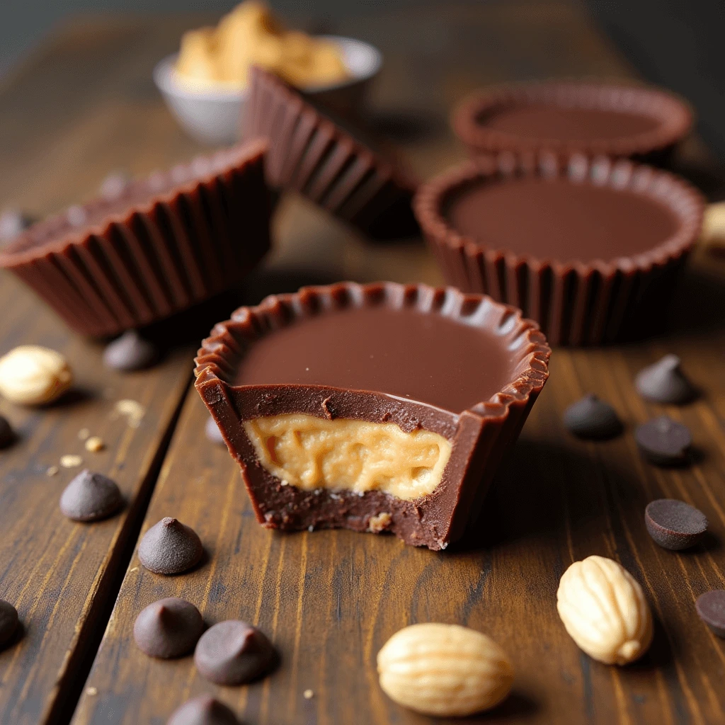 Homemade chocolate peanut butter cups with a creamy peanut butter filling, placed on a rustic wooden table with chocolate chips and peanuts.