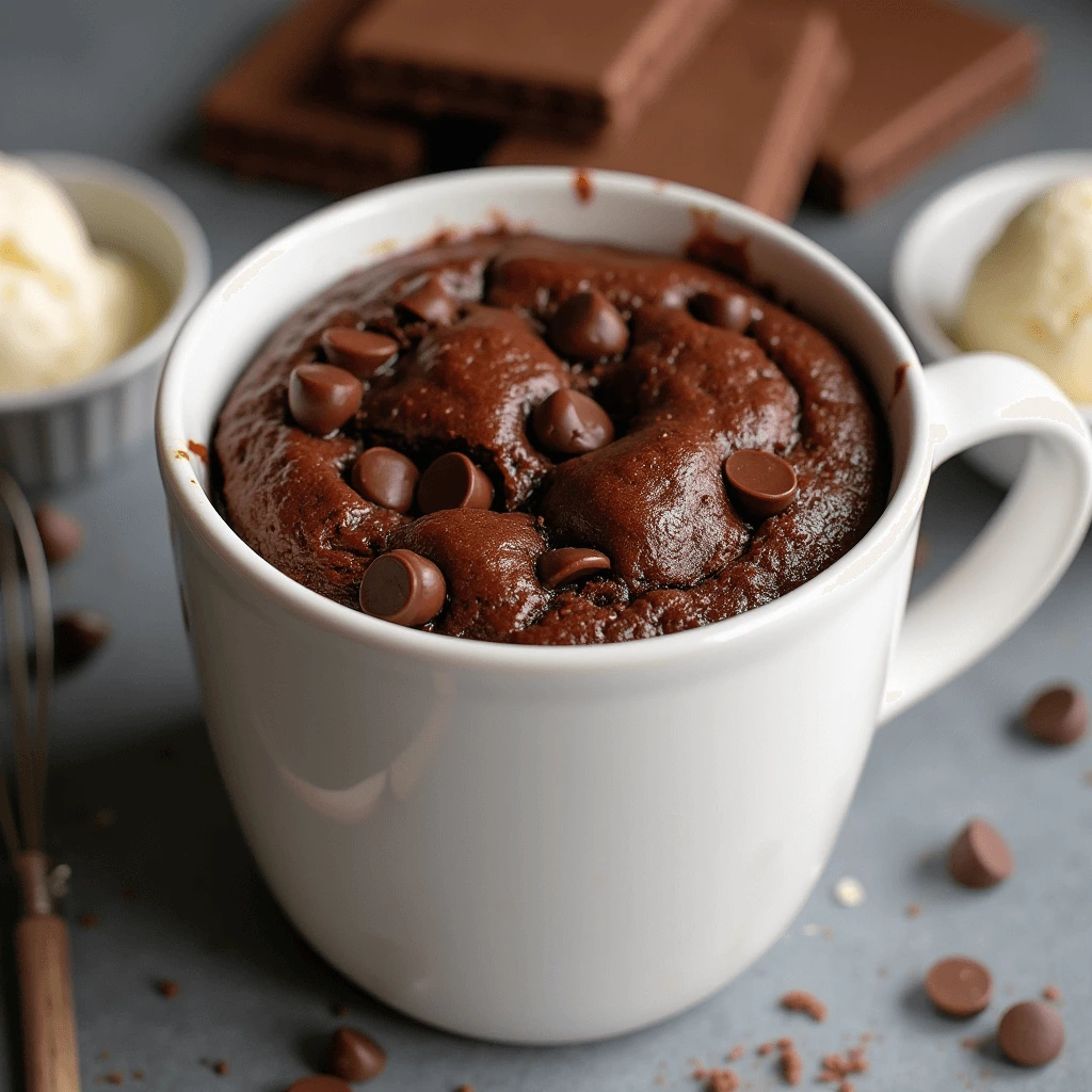 Brownie in a mug topped with chocolate chips and a scoop of vanilla ice cream, served in a microwave-safe mug.