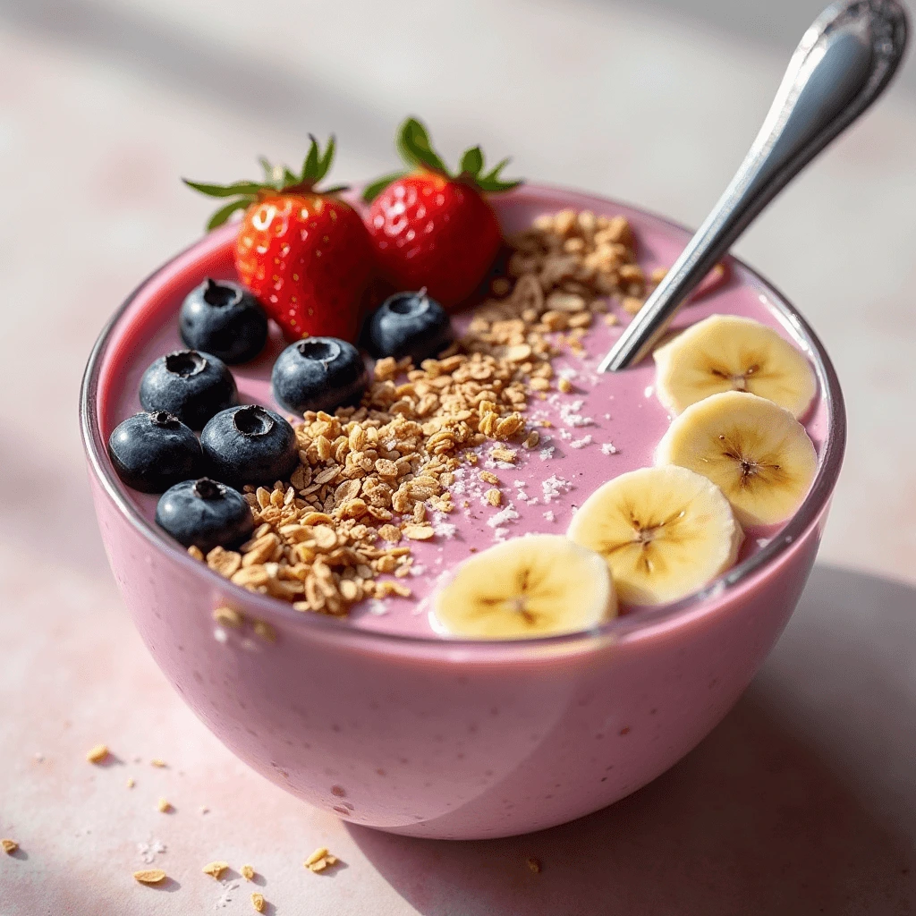 Mixed Berries and Banana Smoothie Bowl: A vibrant bowl filled with fresh berries, banana, granola, and chia seeds, topped with a drizzle of honey.