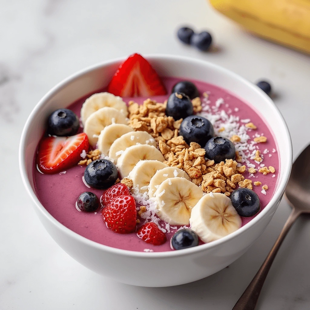 A vibrant Mixed Berries and Banana Smoothie Bowl topped with granola, fresh berries, banana slices, and chia seeds in a white bowl, served on a wooden table.