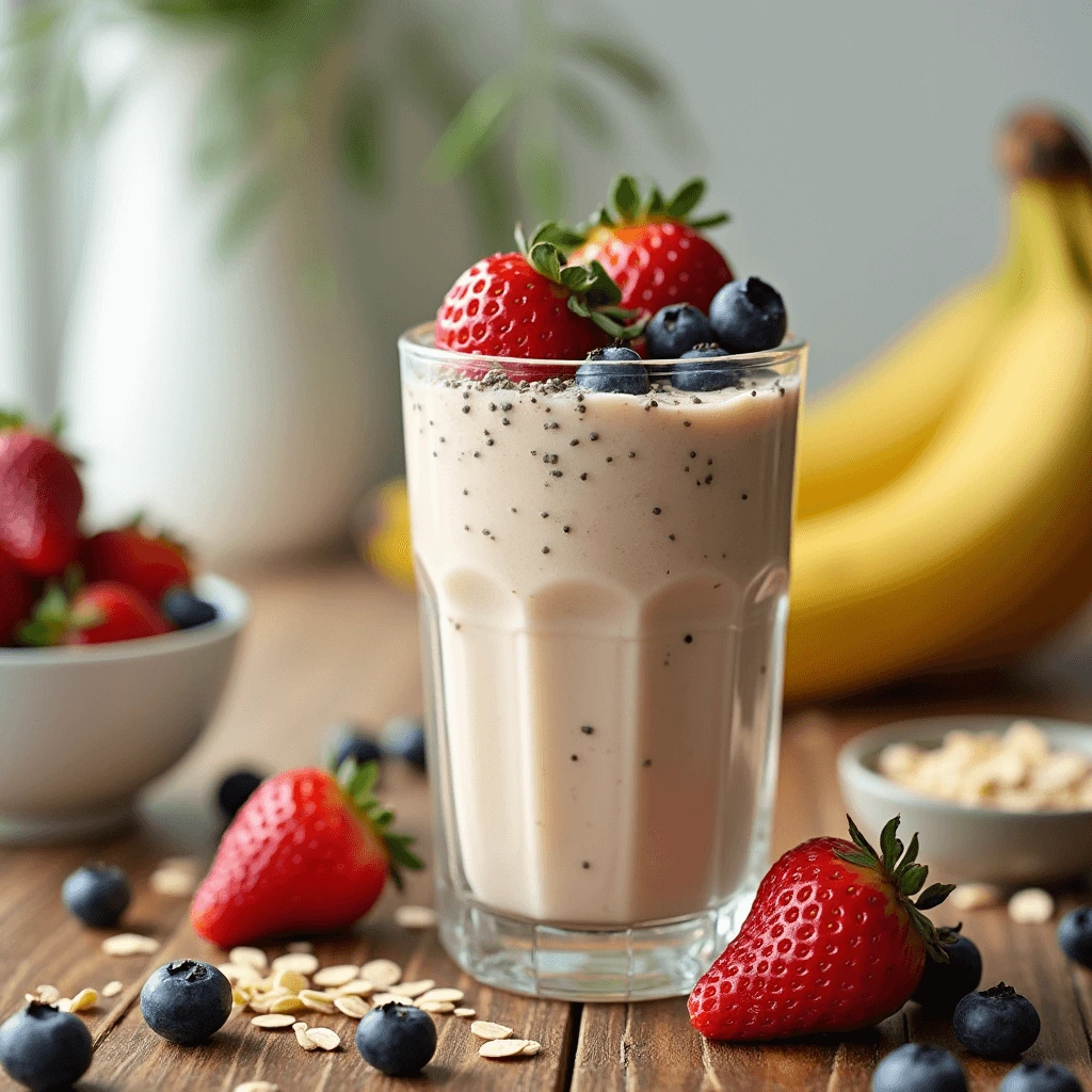 A refreshing oat milk smoothie with banana, oats, and cinnamon in a bright kitchen setting.