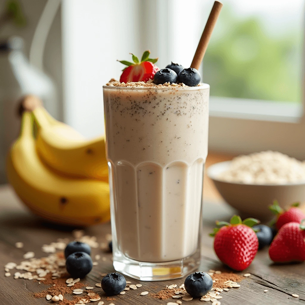 A creamy oat milk smoothie topped with fresh berries and chia seeds in a glass on a wooden table.