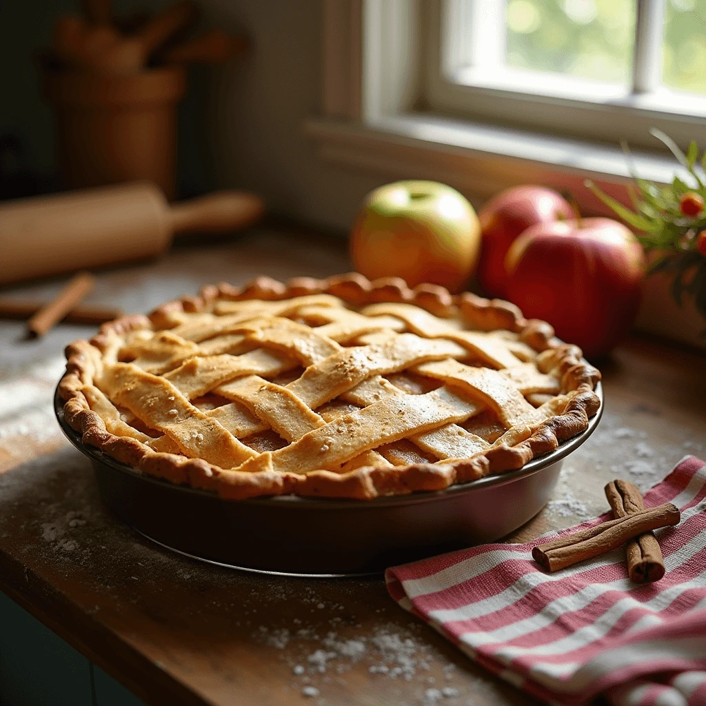 Classic apple pie served with a slice on a plate and a dollop of whipped cream.