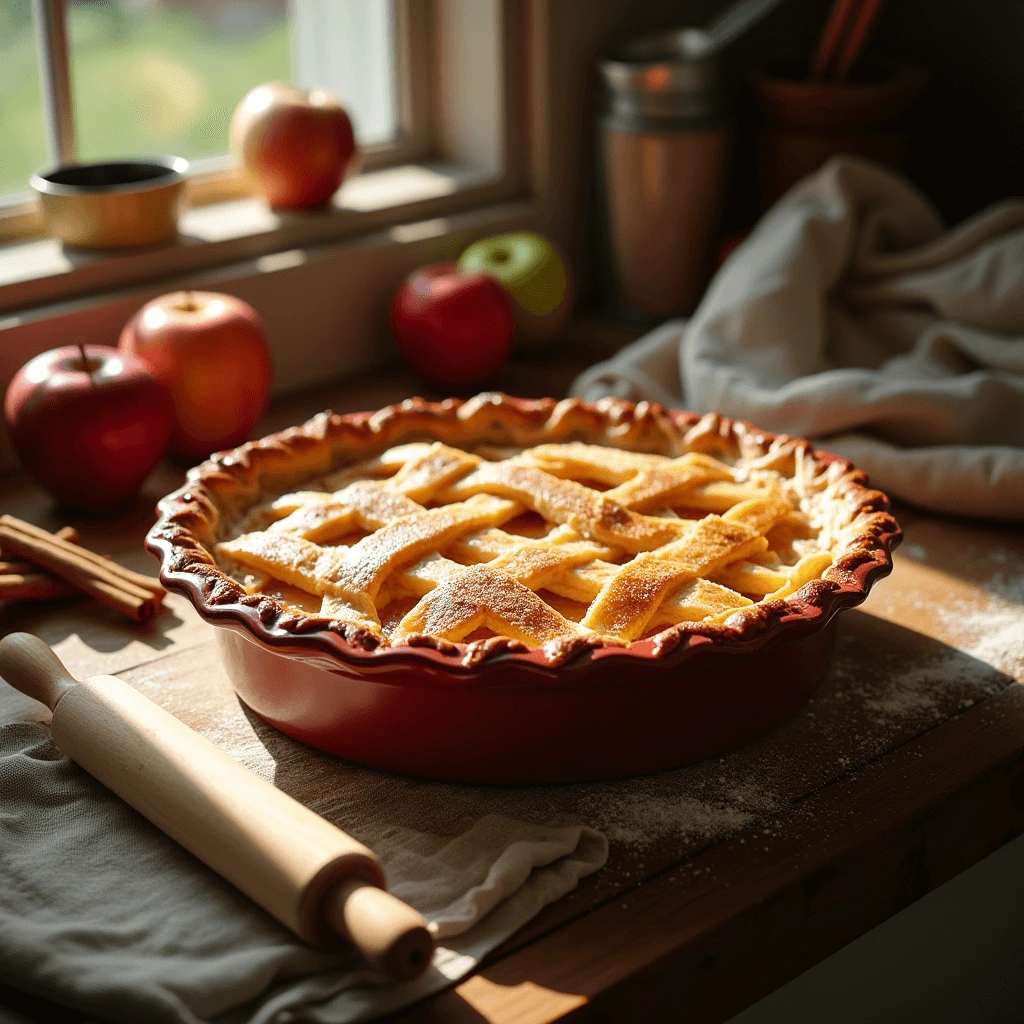 Homemade apple pie topped with flaky crust and surrounded by green and red apples.