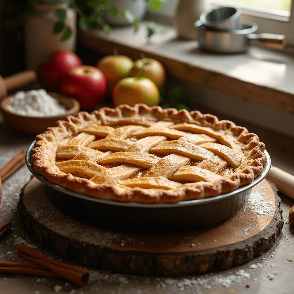 Freshly baked apple pie with a golden lattice crust and cinnamon sticks on a wooden table.