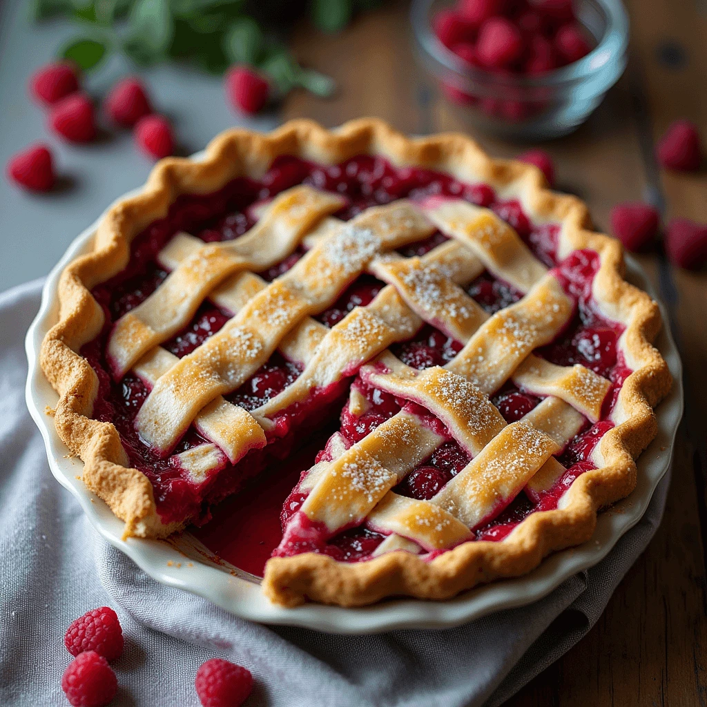 A close-up of a freshly baked raspberry pie with a golden lattice crust and a vibrant raspberry filling oozing out.