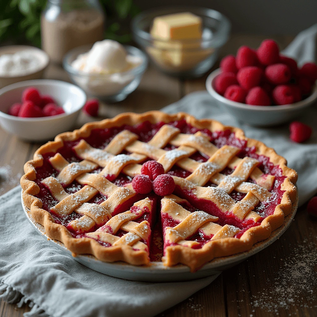 A freshly baked raspberry pie with a golden, flaky crust and a slice revealing the juicy raspberry filling.