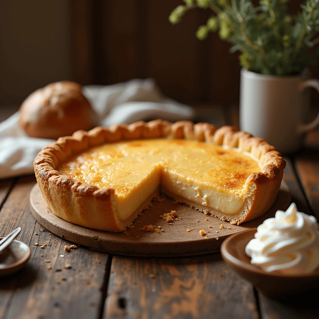 Sliced Milk Bar Pie served on a rustic wooden table with whipped cream on the side.