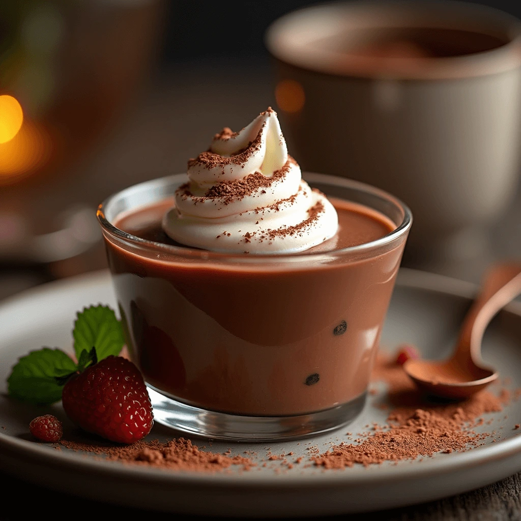 Smooth and creamy chocolate panna cotta topped with a dollop of whipped cream and chocolate shavings