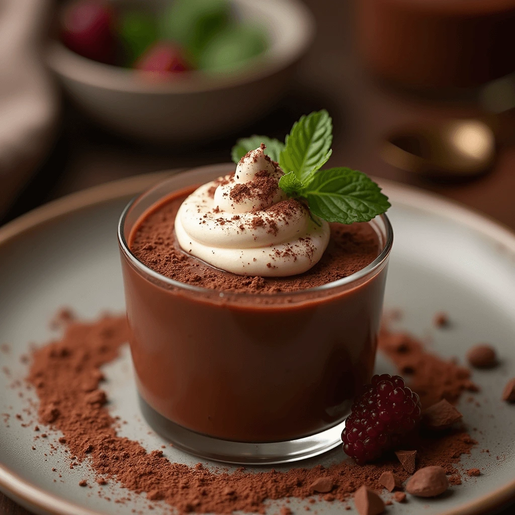 Delicious chocolate panna cotta in a glass ramekin with whipped cream and chocolate shavings