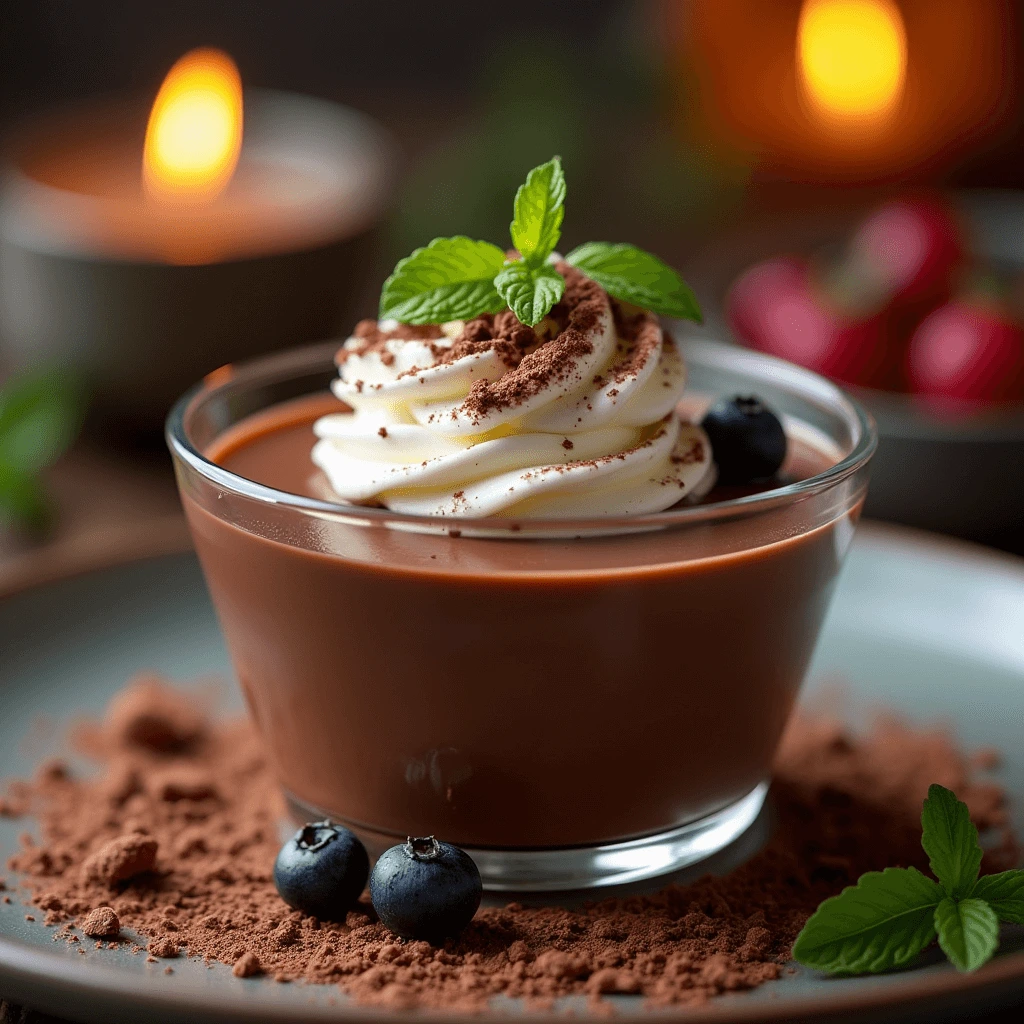 Chocolate panna cotta topped with whipped cream and chocolate shavings in an elegant glass ramekin