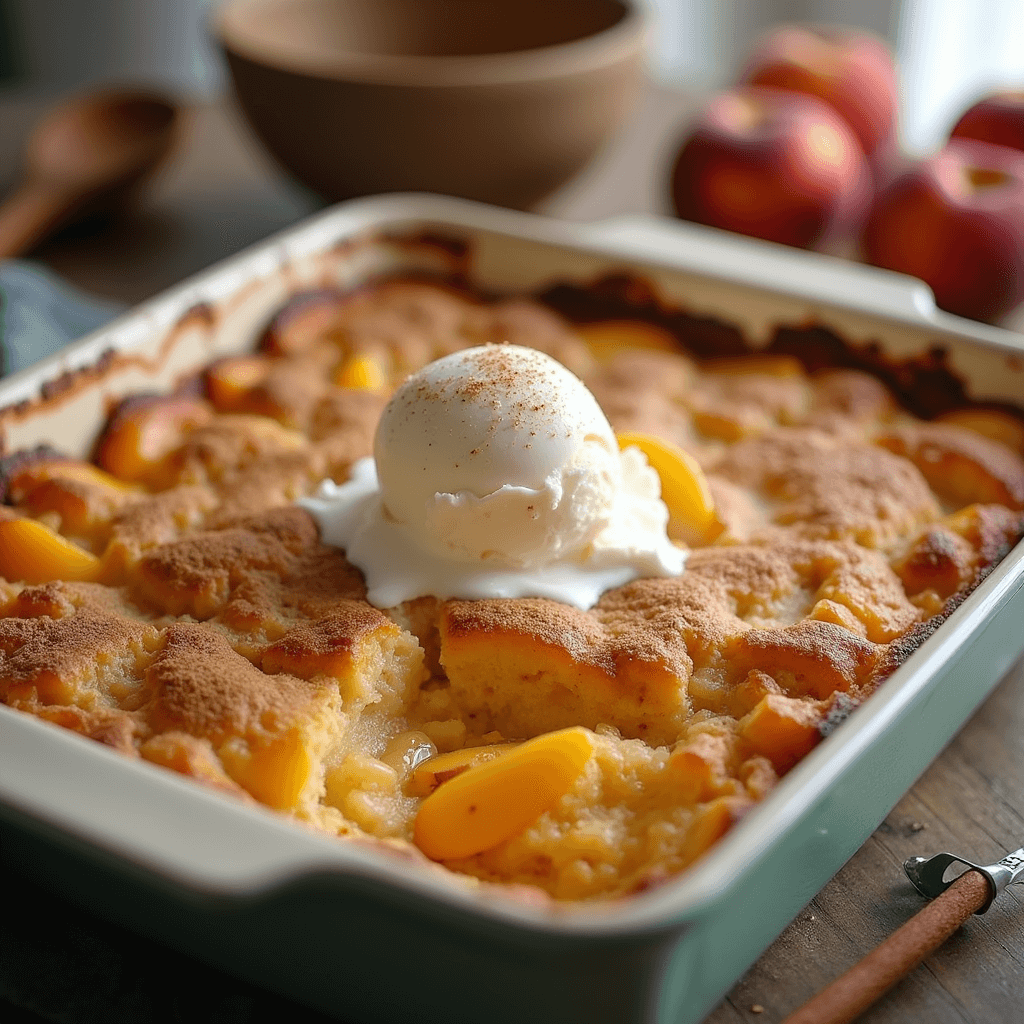 Peach dump cake fresh out of the oven, golden brown on top with a juicy peach filling peeking through.