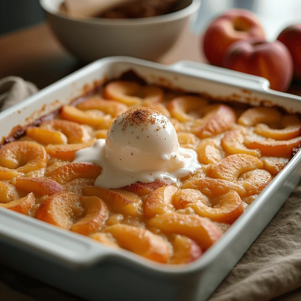 Peach Dump Cake with a golden crispy top and juicy peaches, served with vanilla ice cream