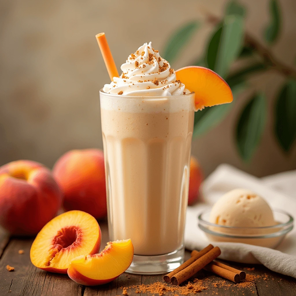 Delicious homemade peach milkshake in a tall glass with a slice of peach