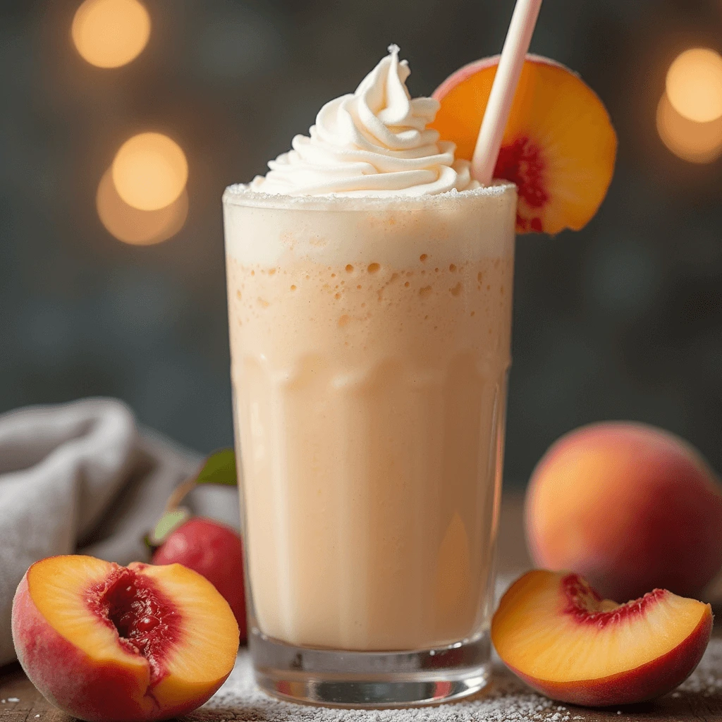 Refreshing peach milkshake topped with whipped cream and cinnamon