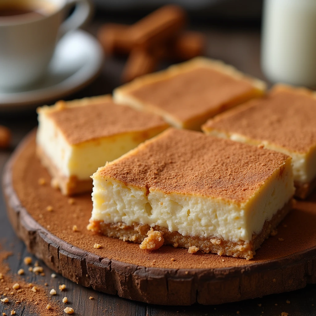 Churro cheesecake bars with a cinnamon-sugar crust and creamy filling, served on a rustic wooden plate with a cup of coffee.