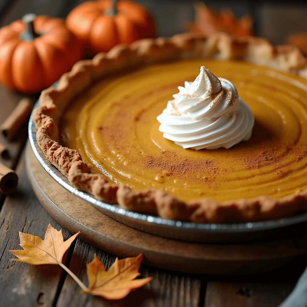 A slice of creamy pumpkin pie with sweetened condensed milk on a plate, adorned with a cinnamon stick and autumn leaves, perfect for cozy gatherings.