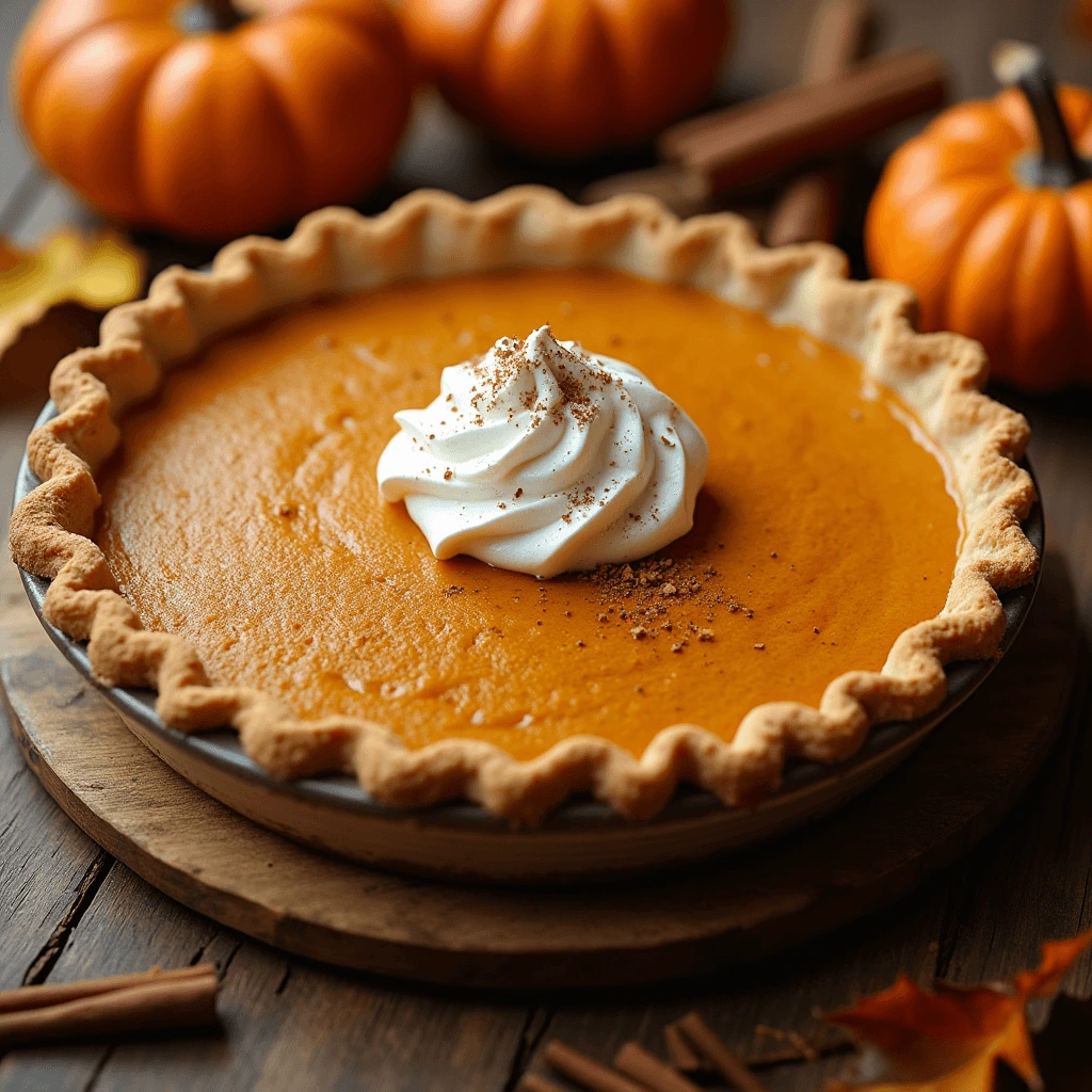 Slice of pumpkin pie with sweetened condensed milk on a plate, surrounded by autumn leaves, cinnamon sticks, and small pumpkins.