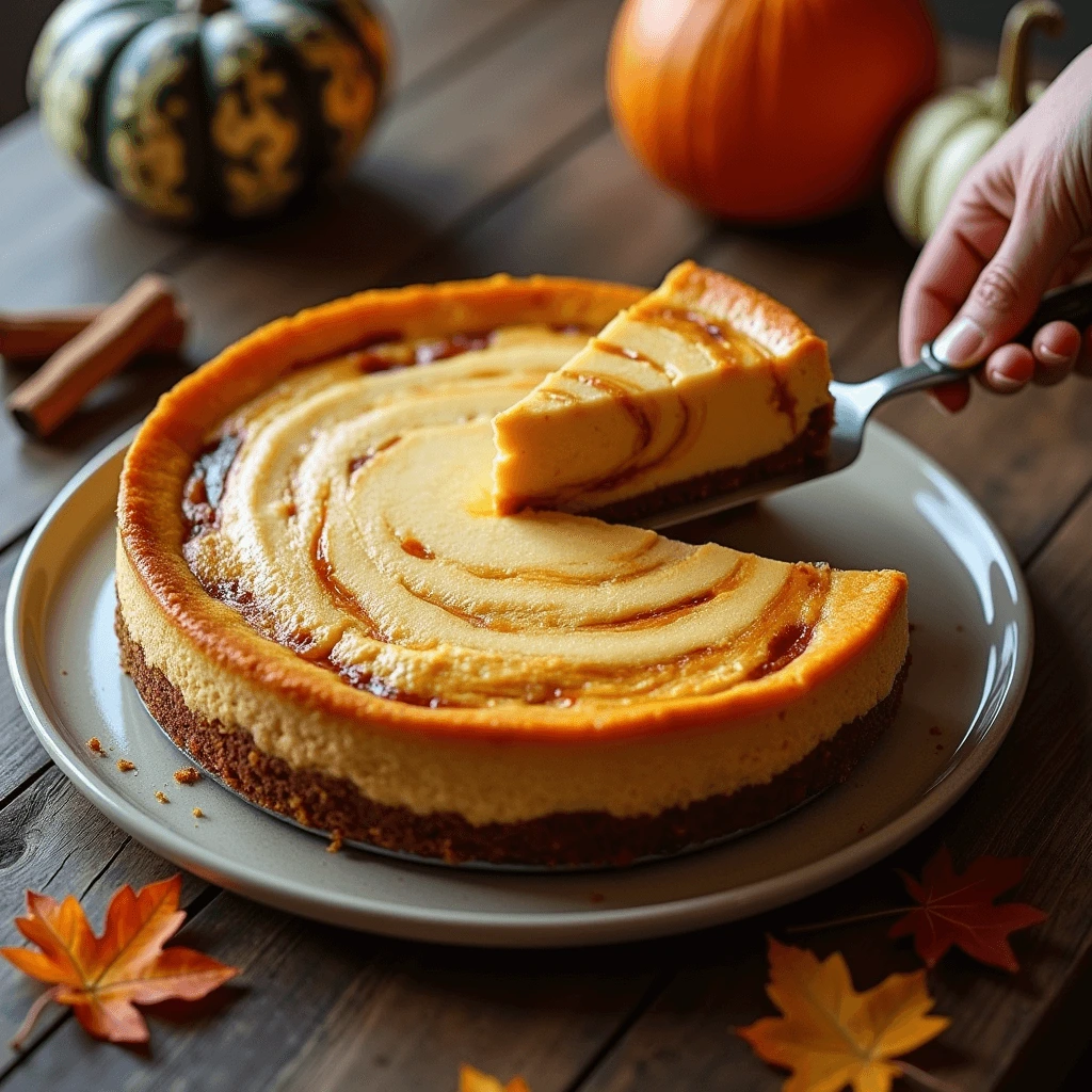 Slice of pumpkin swirl cheesecake being cut in half, revealing a creamy marbled interior, surrounded by autumn decorations.