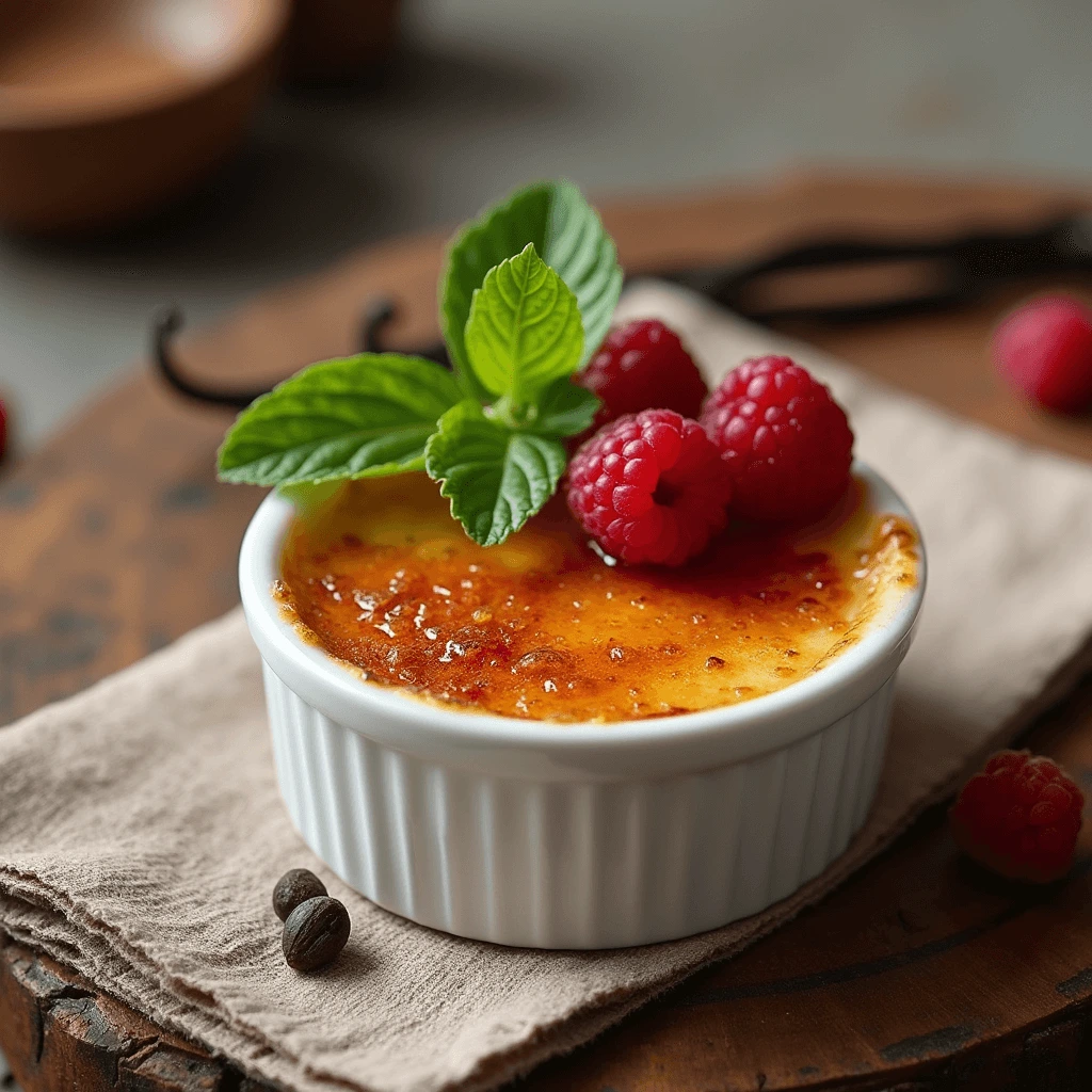 Crème brûlée with a golden caramelized sugar crust and creamy custard, garnished with mint and raspberries.