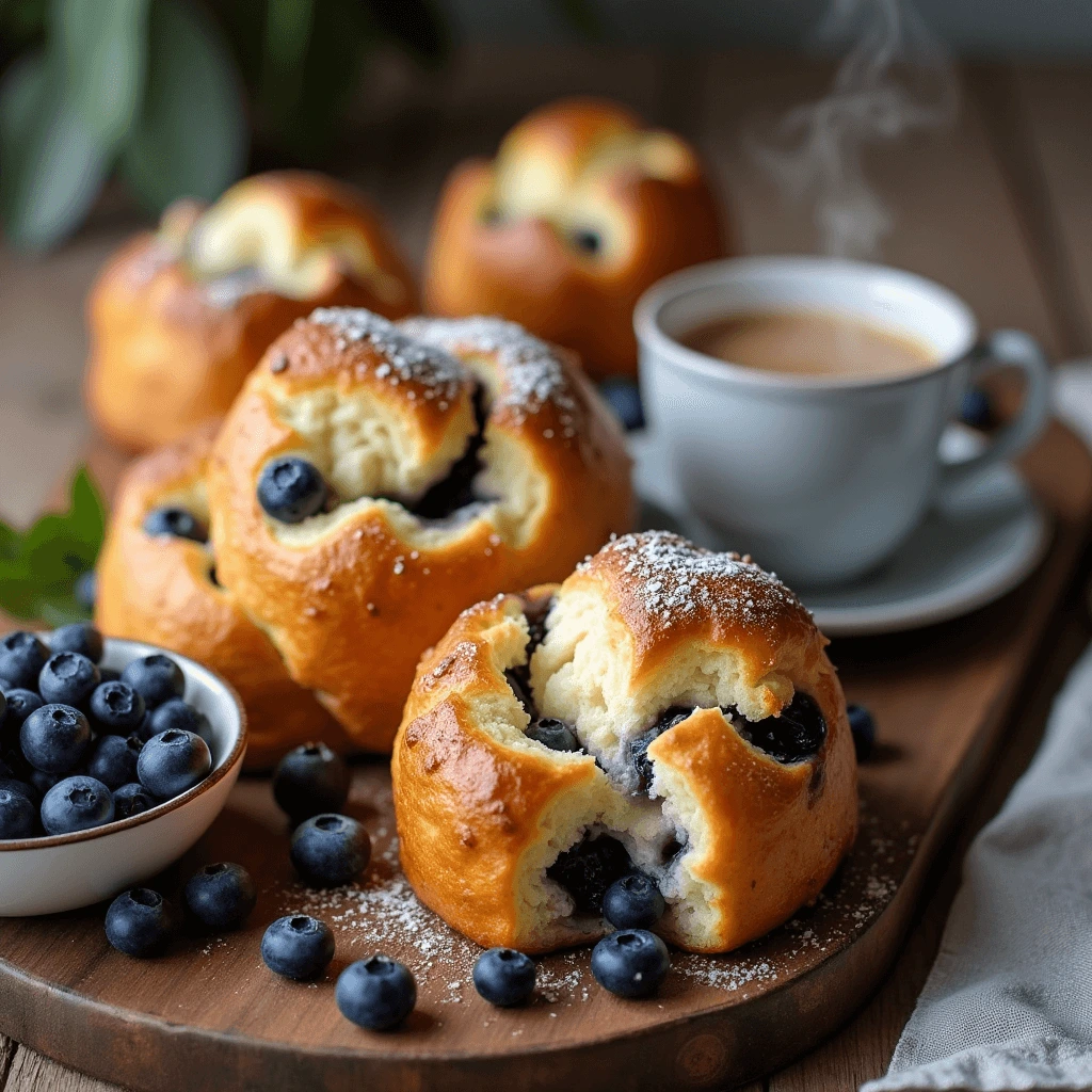 Freshly baked blueberry popovers with golden-brown tops, showing soft, fluffy texture and juicy blueberries.