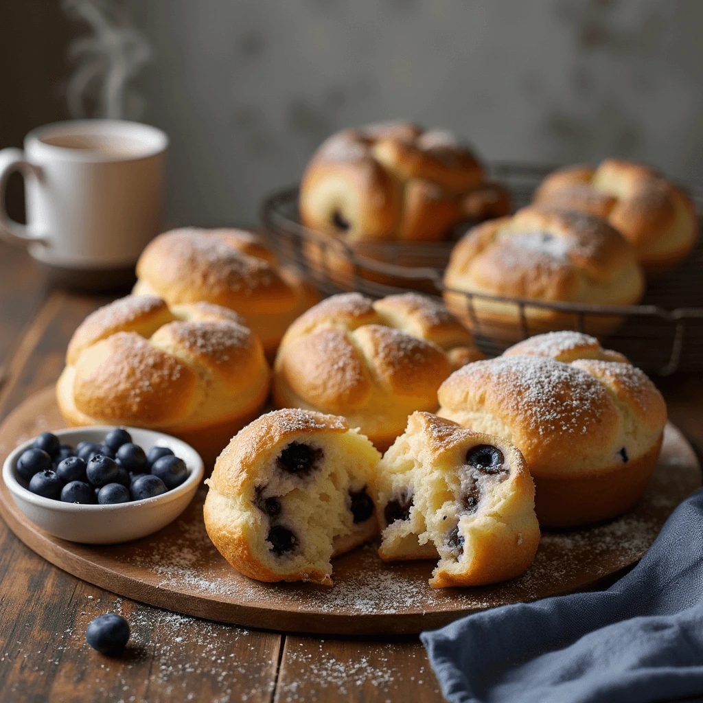 Fluffy and golden blueberry popovers fresh out of the oven, topped with powdered sugar.