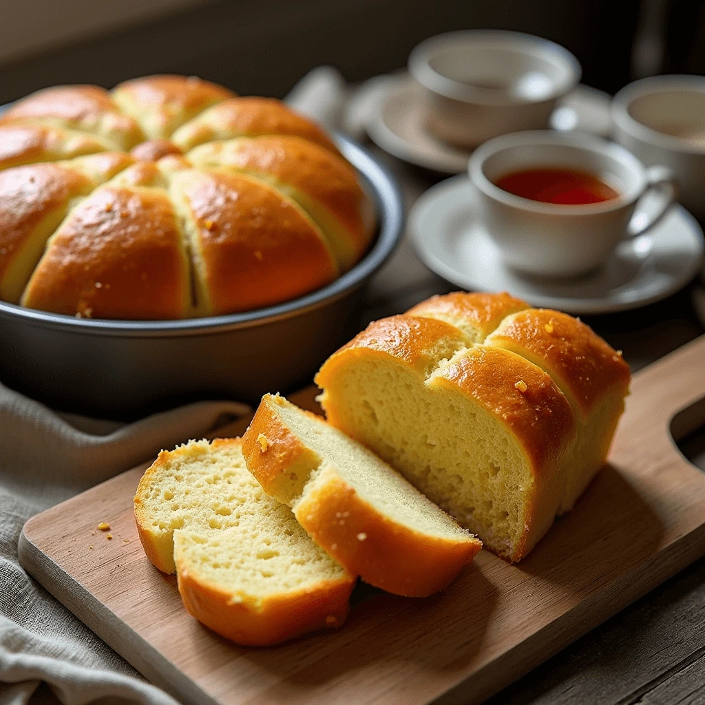 Slice of soft Portuguese sweet bread served on a white plate.