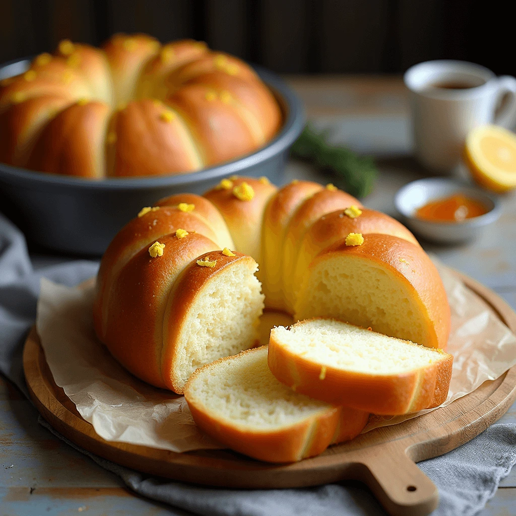 Freshly baked Portuguese sweet bread on a wooden board with a golden crust.